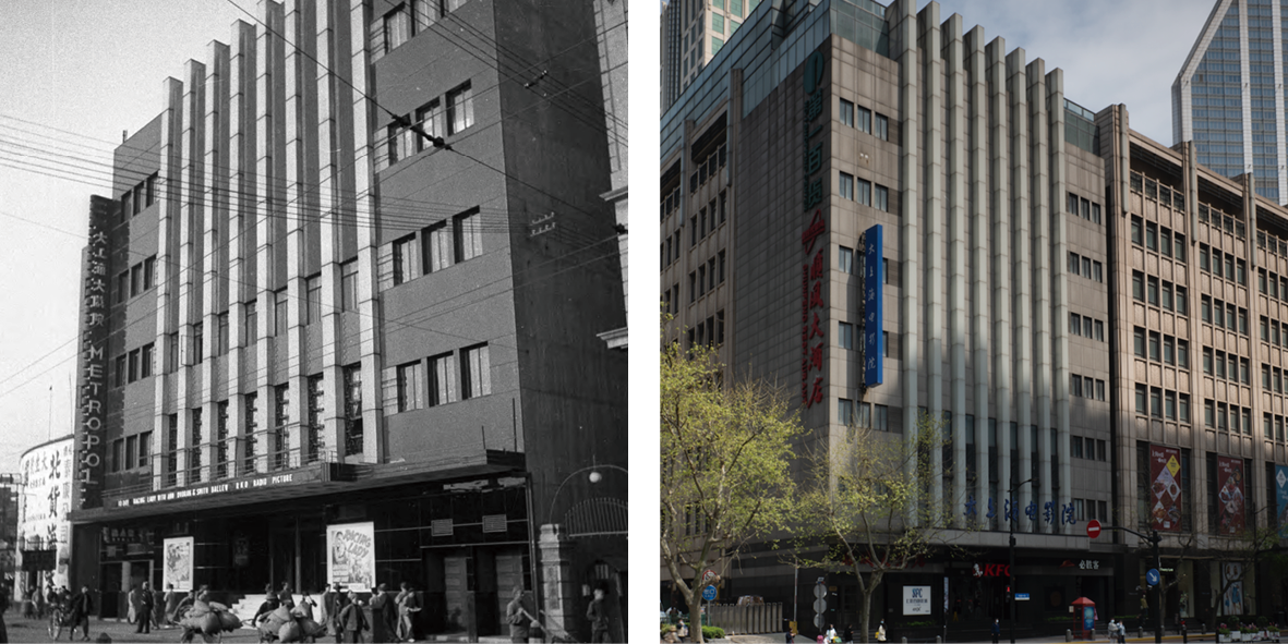 (左）大上海大戏院，1933，图片来自网络。（右）现为大上海电影院，西藏中路500号，摄影/盛晨晨     织城网络供图